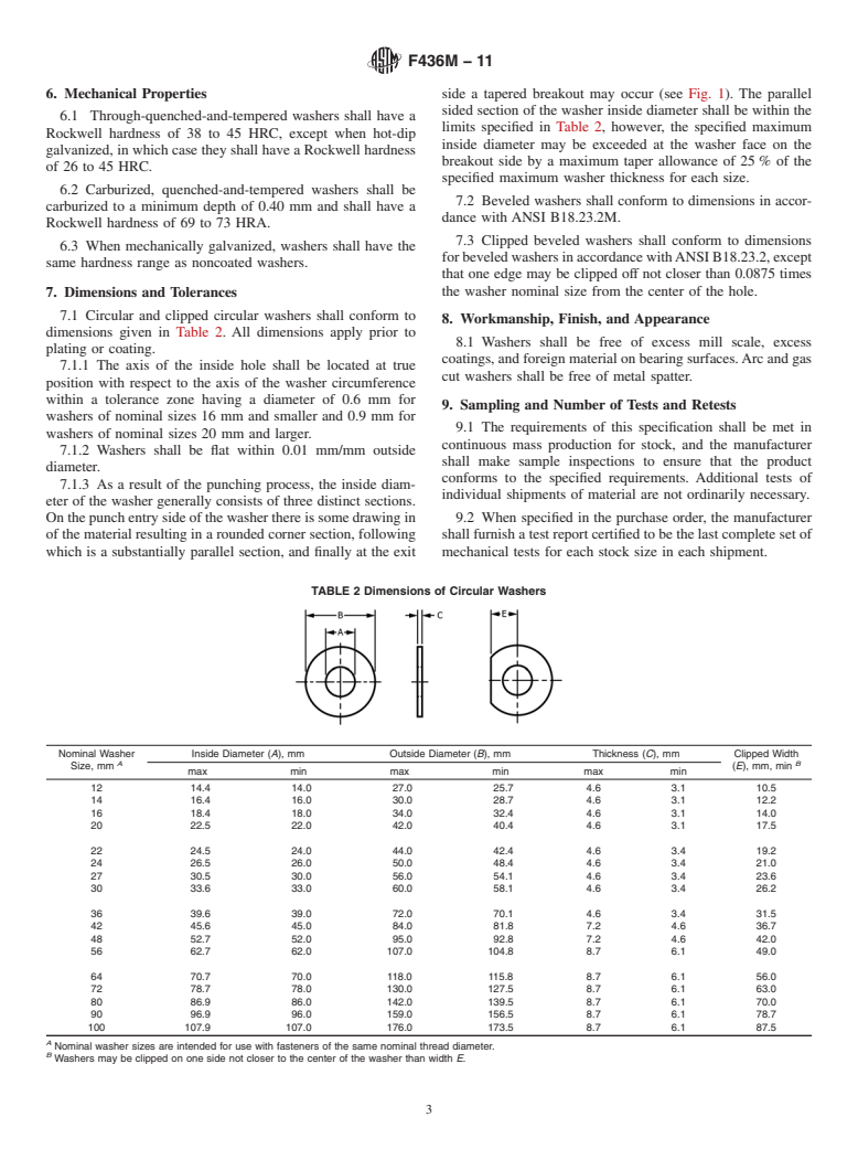 ASTM F436M-11 - Standard Specification for Hardened Steel Washers [Metric] (Withdrawn 2016)