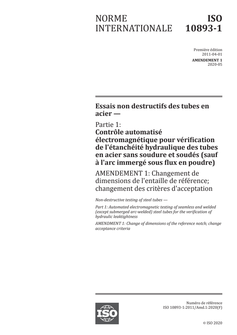 ISO 10893-1:2011/Amd 1:2020 ISO 10893-1:2011/Amd 1:2020 - Essais non destructifs des tubes en acier — Partie 1: Contrôle automatisé électromagnétique pour vérification de l'étanchéité hydraulique des tubes en acier sans soudure et soudés (sauf à l'arc immergé sous flux en poudre) — Amendement 1: Changement de dimensions de l'entaille de référence; changement des critères d'acceptation
Released:6/19/2020