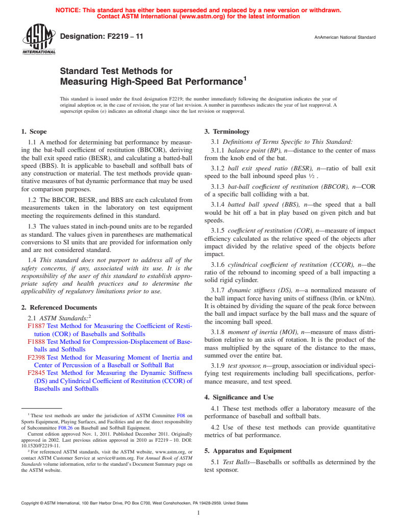 ASTM F2219-11 - Standard Test Methods for Measuring High-Speed Bat Performance