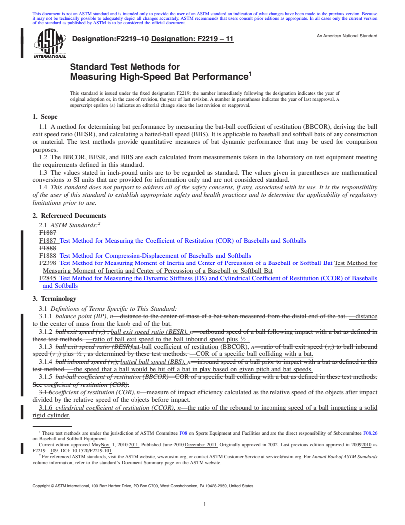 REDLINE ASTM F2219-11 - Standard Test Methods for Measuring High-Speed Bat Performance