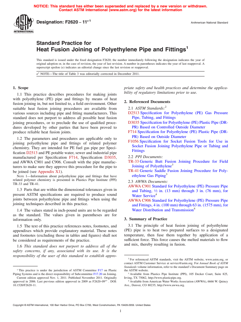 ASTM F2620-11e1 - Standard Practice for Heat Fusion Joining of Polyethylene Pipe and Fittings