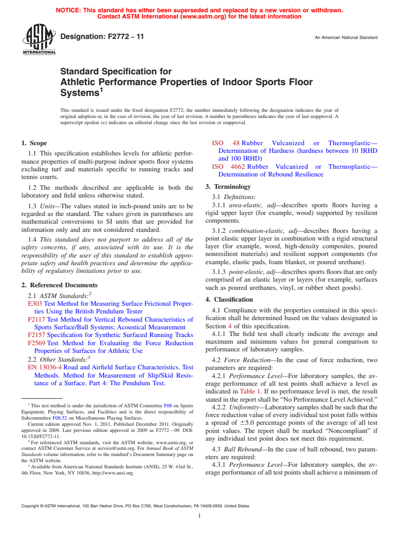 ASTM F2772-11 - Standard Specification for Athletic Performance Properties of Indoor Sports Floor Systems