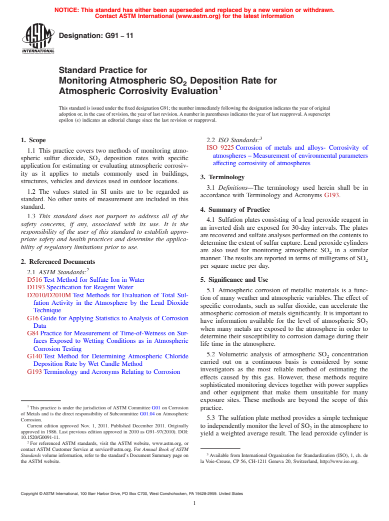 ASTM G91-11 - Standard Practice for Monitoring Atmospheric SO<sub>2</sub> Deposition Rate for Atmospheric Corrosivity Evaluation