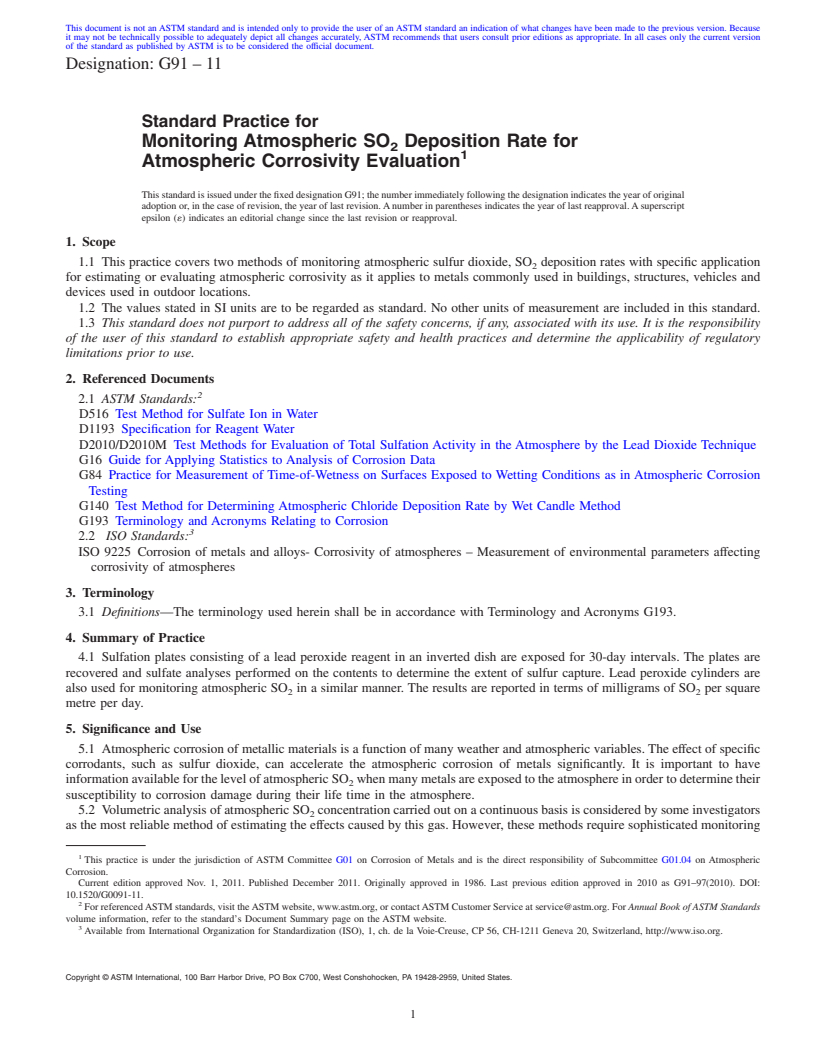 REDLINE ASTM G91-11 - Standard Practice for Monitoring Atmospheric SO<sub>2</sub> Deposition Rate for Atmospheric Corrosivity Evaluation