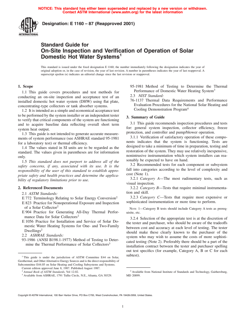 ASTM E1160-87(2001) - Standard Guide for On-Site Inspection and Verification of Operation of Solar Domestic Hot Water Systems