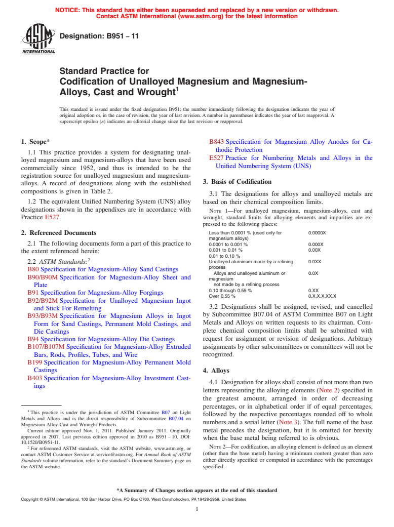 ASTM B951-11 - Standard Practice for Codification of Unalloyed Magnesium and Magnesium-Alloys, Cast and Wrought