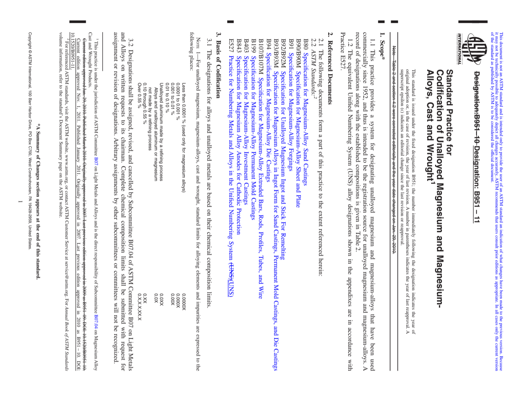 REDLINE ASTM B951-11 - Standard Practice for Codification of Unalloyed Magnesium and Magnesium-Alloys, Cast and Wrought