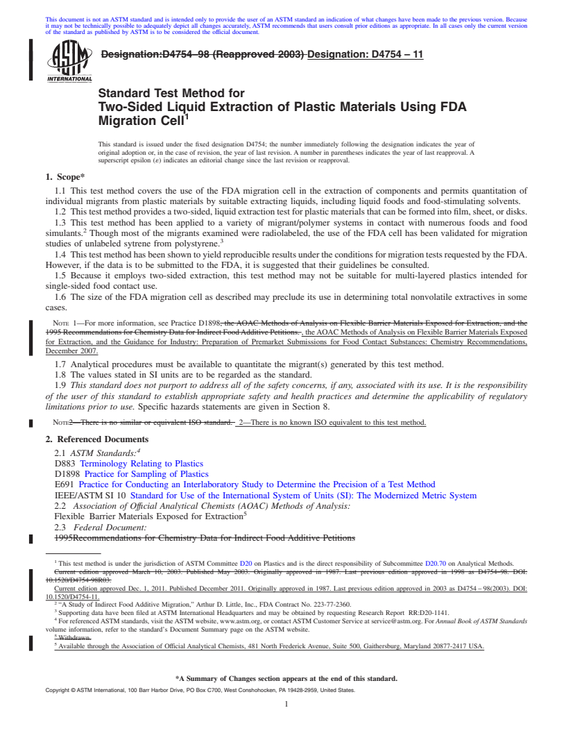 REDLINE ASTM D4754-11 - Standard Test Method for Two-Sided Liquid Extraction of Plastic Materials Using FDA Migration Cell