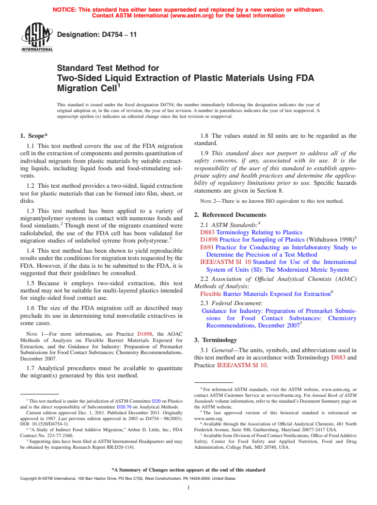 ASTM D4754-11 - Standard Test Method for Two-Sided Liquid Extraction of Plastic Materials Using FDA Migration Cell