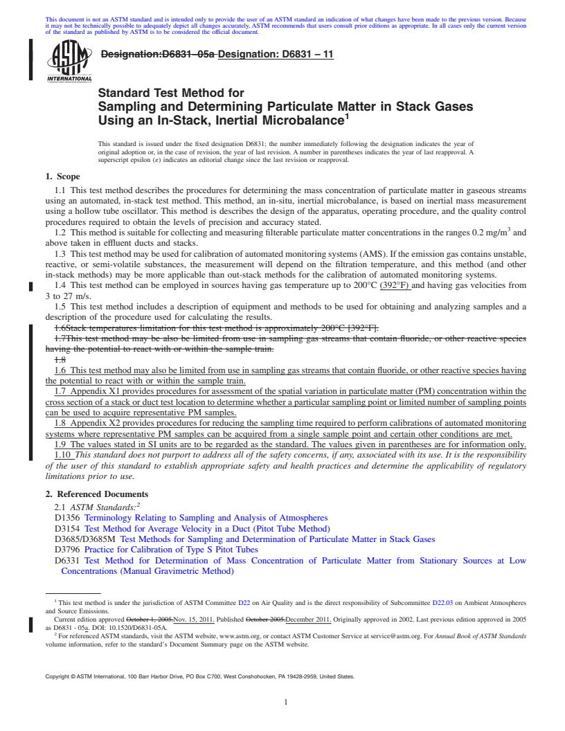 REDLINE ASTM D6831-11 - Standard Test Method for Sampling and Determining Particulate Matter in Stack Gases Using an In-Stack, Inertial Microbalance