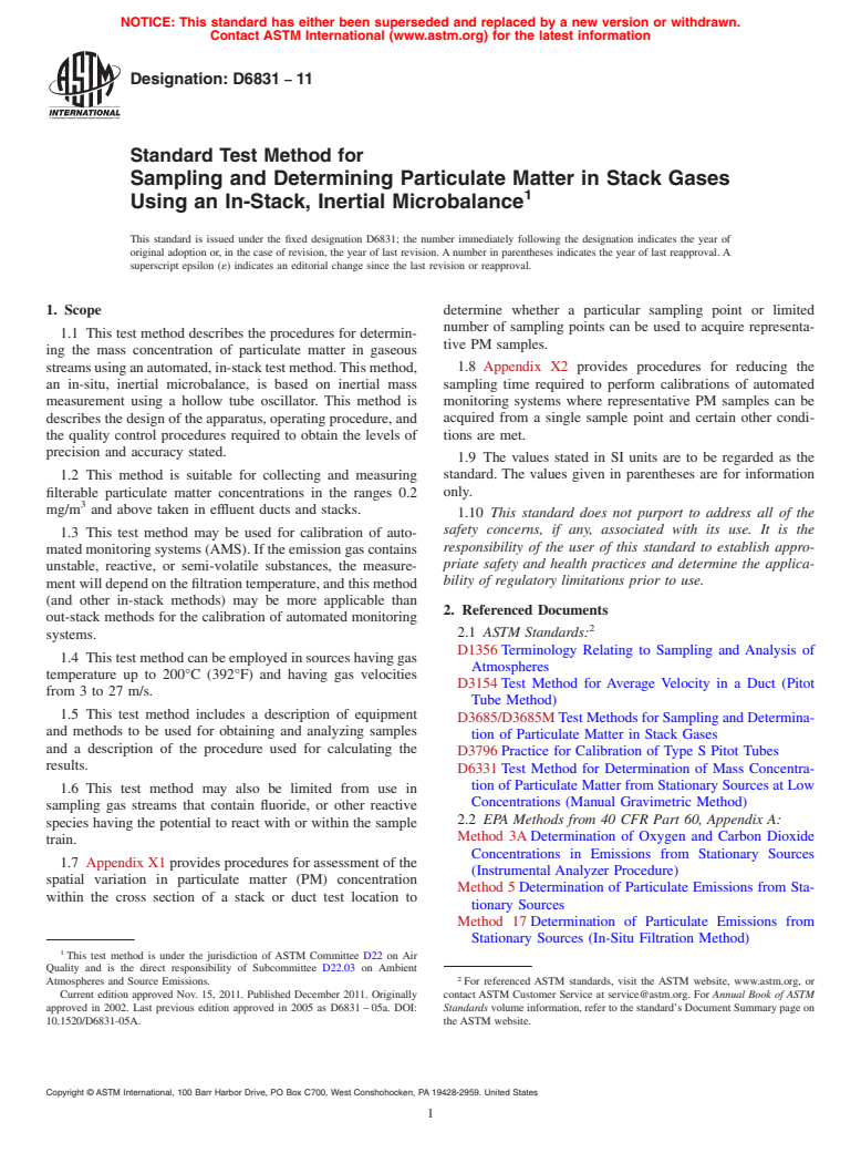 ASTM D6831-11 - Standard Test Method for Sampling and Determining Particulate Matter in Stack Gases Using an In-Stack, Inertial Microbalance