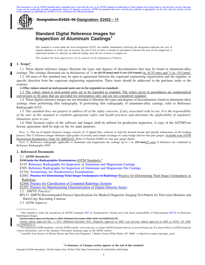 REDLINE ASTM E2422-11 - Standard Digital Reference Images for Inspection of Aluminum Castings