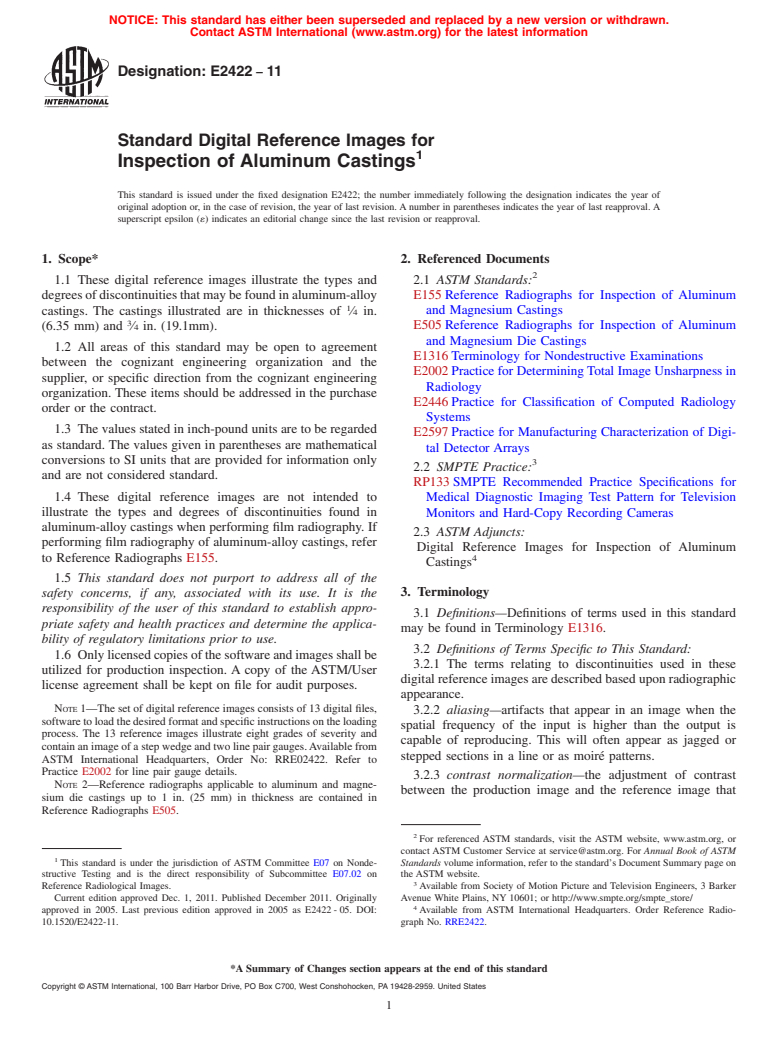 ASTM E2422-11 - Standard Digital Reference Images for Inspection of Aluminum Castings