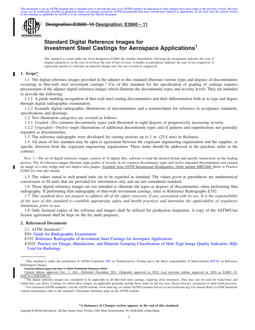 REDLINE ASTM E2660-11 - Standard Digital Reference Images for Investment Steel Castings for Aerospace Applications