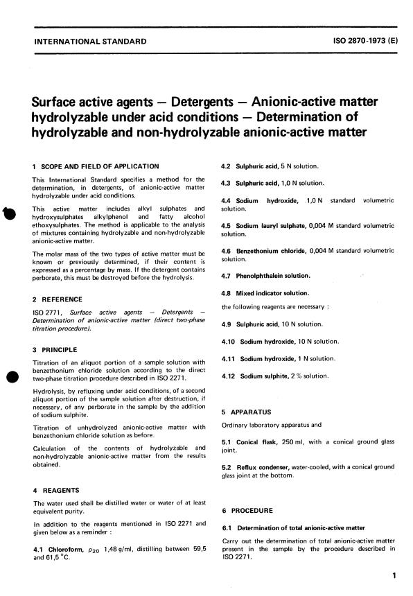 ISO 2870:1973 - Surface active agents -- Detergents -- Anionic-active matter hydrolyzable under acid conditions -- Determination of hydrolyzable and non-hydrolyzable anionic-active matter