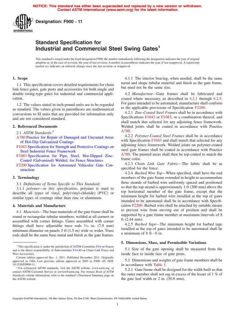 ASTM F900-11 - Standard Specification for Industrial and Commercial Swing Gates