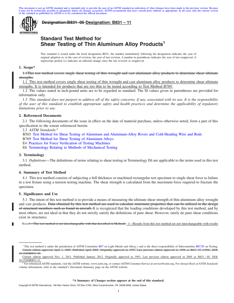 REDLINE ASTM B831-11 - Standard Test Method for Shear Testing of Thin Aluminum Alloy Products