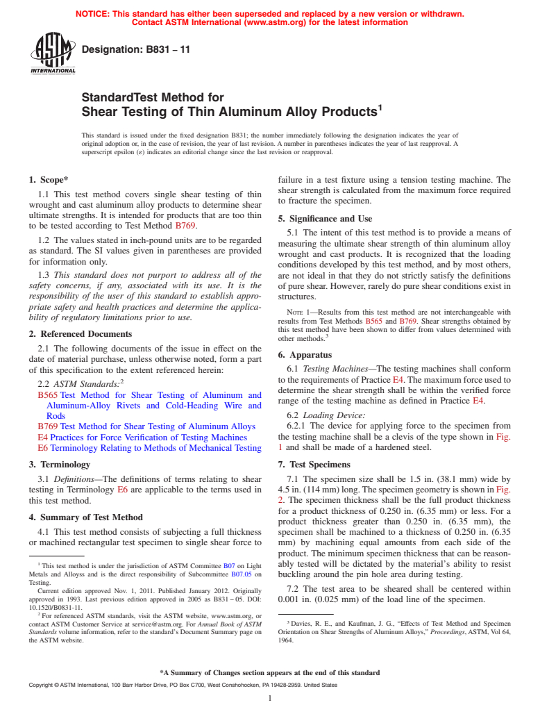 ASTM B831-11 - Standard Test Method for Shear Testing of Thin Aluminum Alloy Products