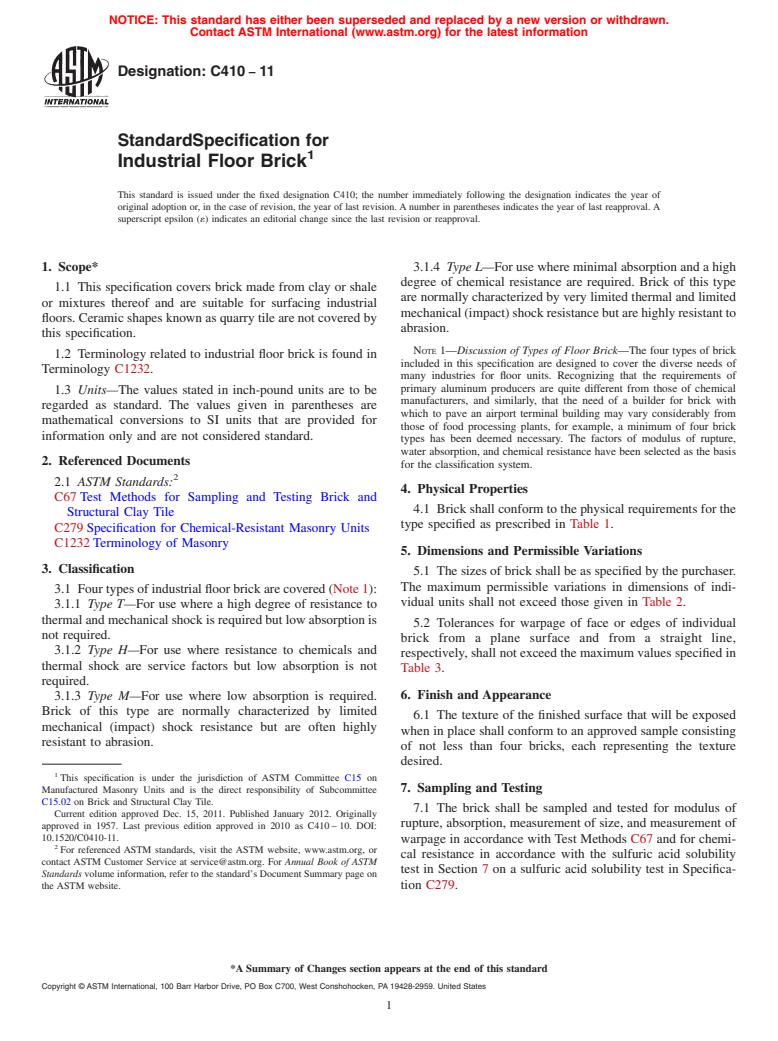 ASTM C410-11 - Standard Specification for Industrial Floor Brick