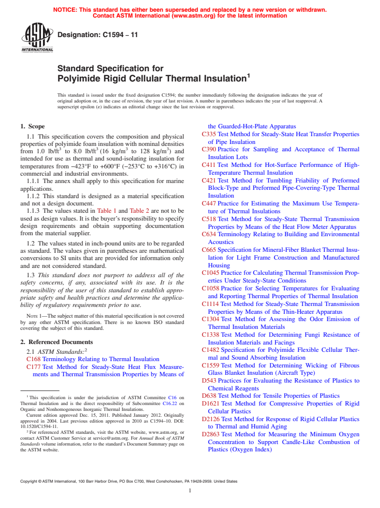 ASTM C1594-11 - Standard Specification for Polyimide Rigid Cellular Thermal Insulation