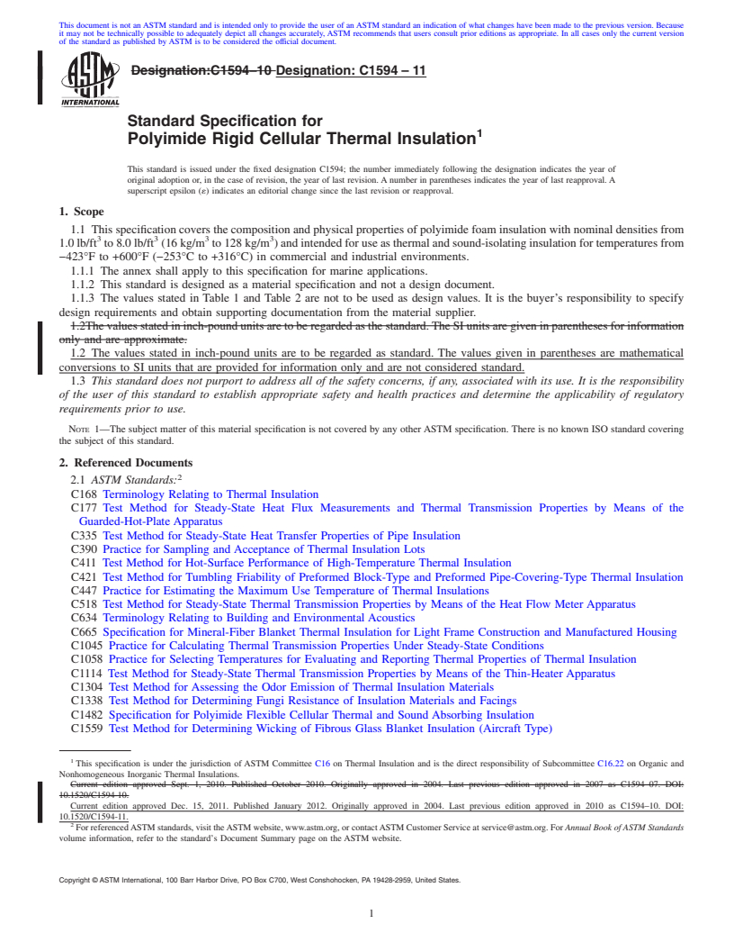 REDLINE ASTM C1594-11 - Standard Specification for Polyimide Rigid Cellular Thermal Insulation