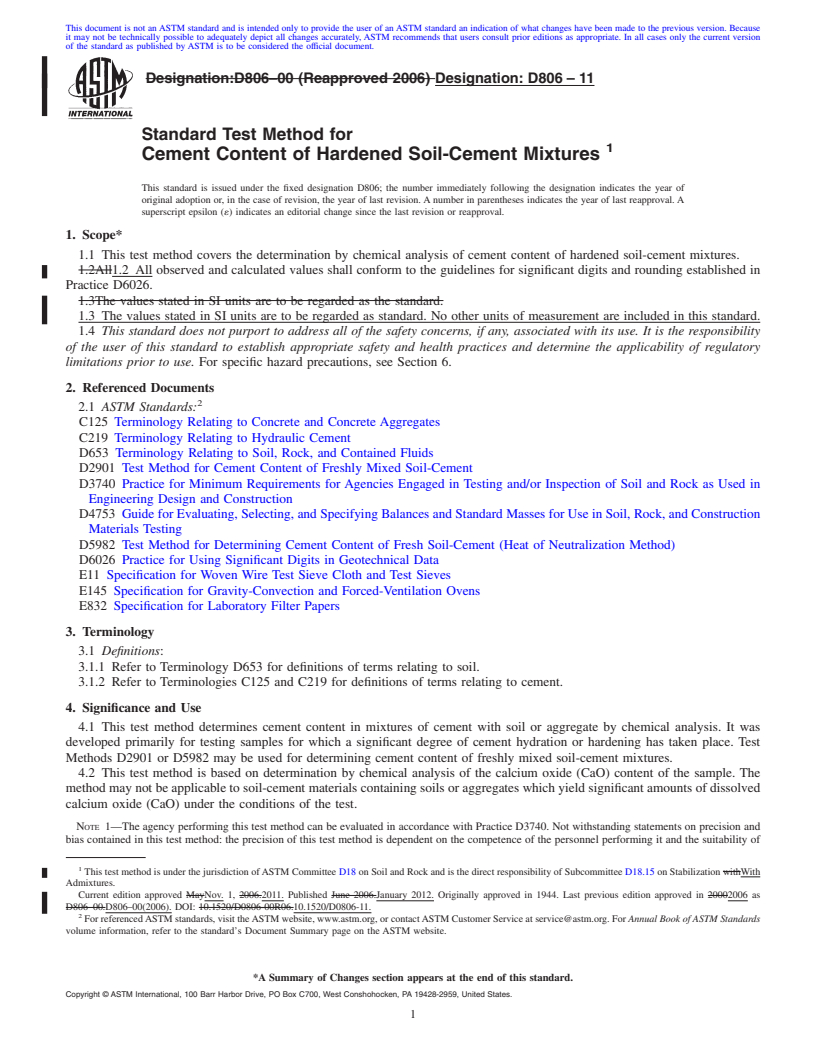REDLINE ASTM D806-11 - Standard Test Method for Cement Content of Hardened Soil-Cement Mixtures