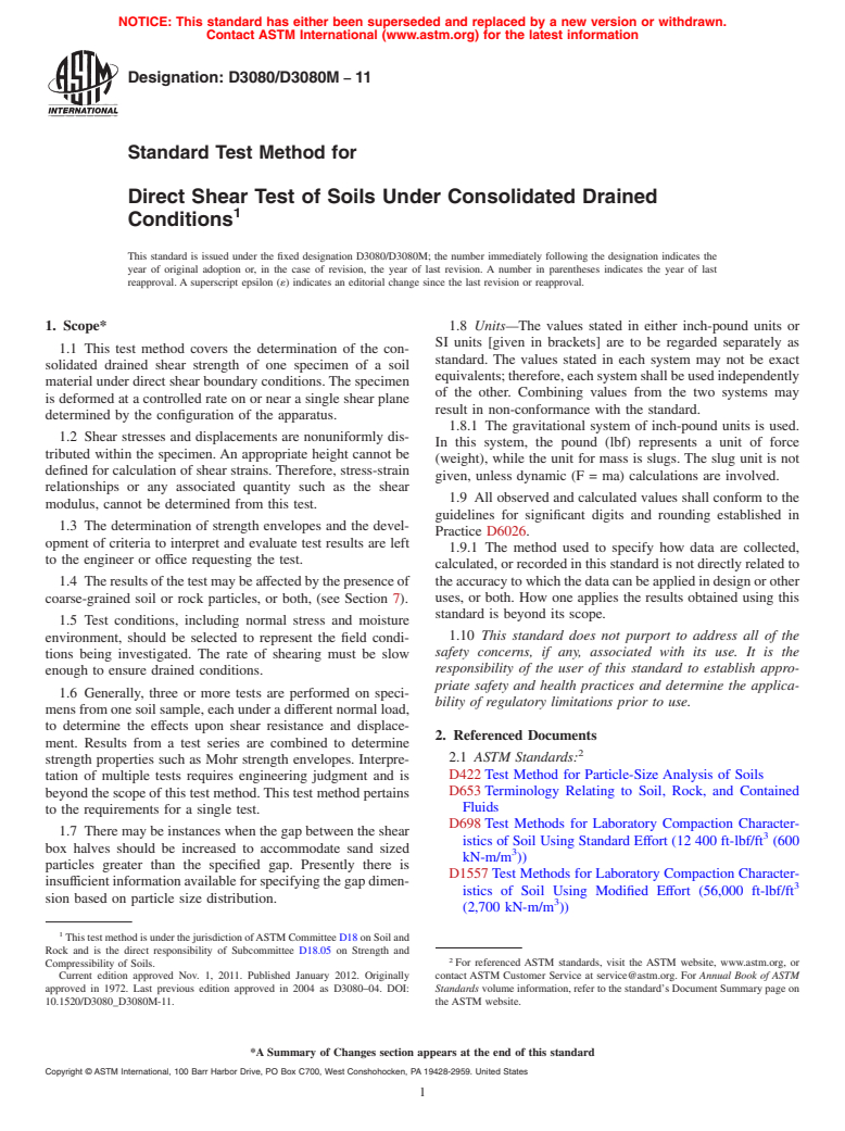 ASTM D3080/D3080M-11 - Standard Test Method for Direct Shear Test of Soils Under Consolidated Drained Conditions (Withdrawn 2020)