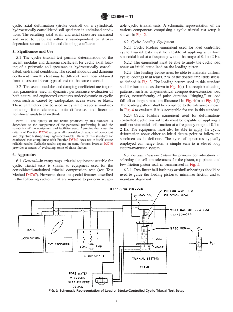 ASTM D3999-11 - Standard Test Methods for the Determination of the Modulus and Damping Properties of Soils Using the Cyclic Triaxial Apparatus