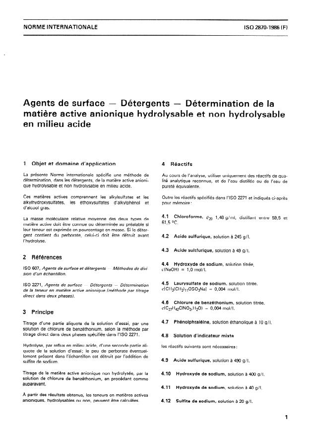 ISO 2870:1986 - Agents de surface -- Détergents -- Détermination de la matiere active anionique hydrolysable et non hydrolysable en milieu acide