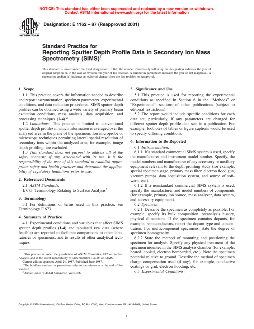 ASTM E1162-87(2001) - Standard Practice for Reporting Sputter Depth Profile Data in Secondary Ion Mass Spectrometry (SIMS)