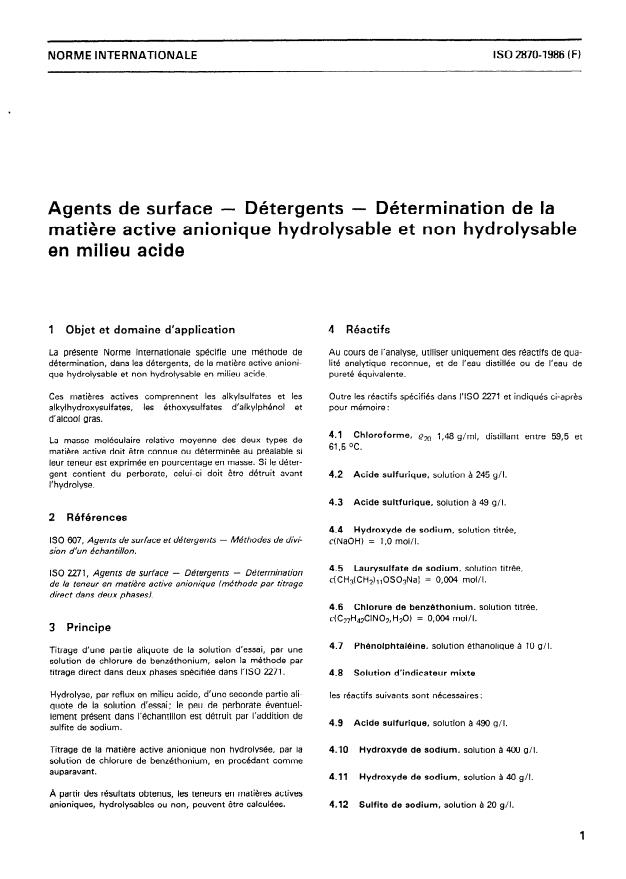ISO 2870:1986 - Agents de surface -- Détergents -- Détermination de la matiere active anionique hydrolysable et non hydrolysable en milieu acide