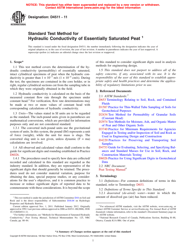 ASTM D4511-11 - Standard Test Method for Hydraulic Conductivity of Essentially Saturated Peat