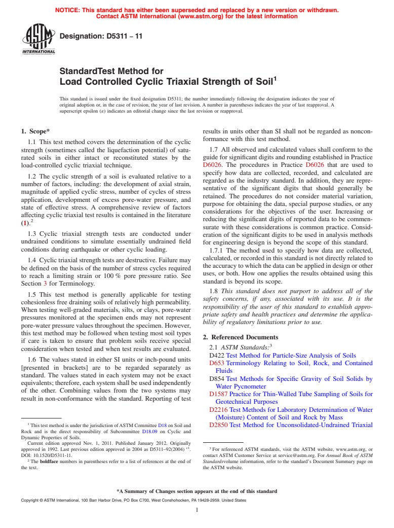 ASTM D5311-11 - Standard Test Method for Load Controlled Cyclic Triaxial Strength of Soil