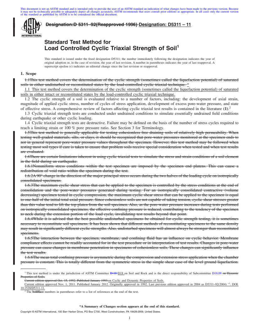 REDLINE ASTM D5311-11 - Standard Test Method for Load Controlled Cyclic Triaxial Strength of Soil