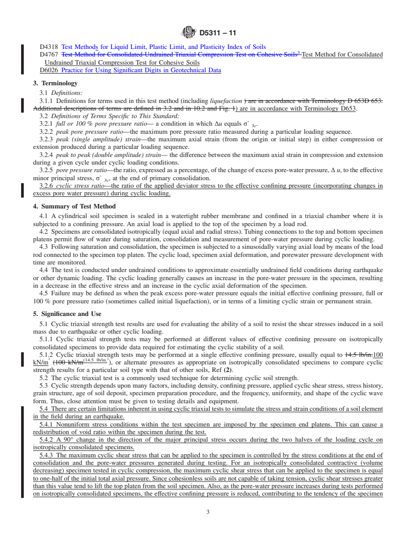 REDLINE ASTM D5311-11 - Standard Test Method for Load Controlled Cyclic Triaxial Strength of Soil