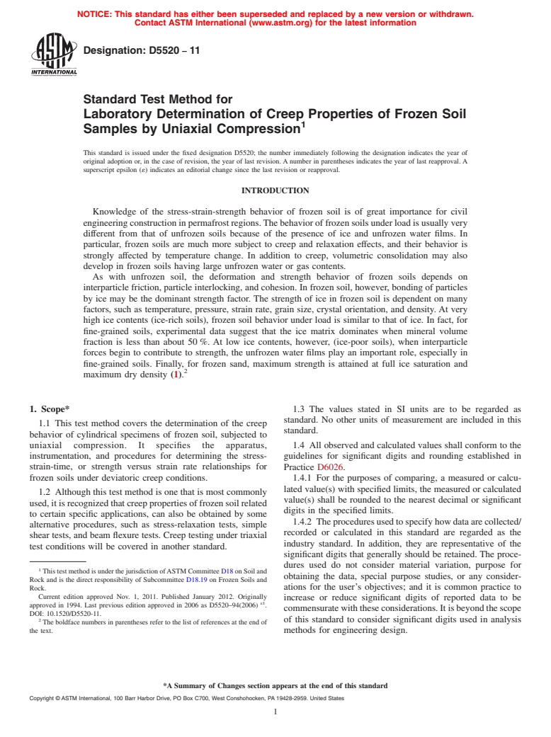 ASTM D5520-11 - Standard Test Method for Laboratory Determination of Creep Properties of Frozen Soil Samples by Uniaxial Compression