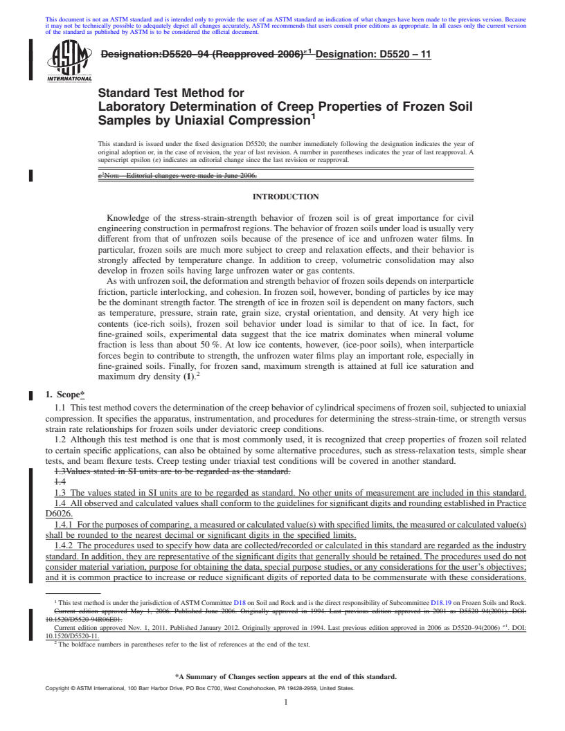 REDLINE ASTM D5520-11 - Standard Test Method for Laboratory Determination of Creep Properties of Frozen Soil Samples by Uniaxial Compression