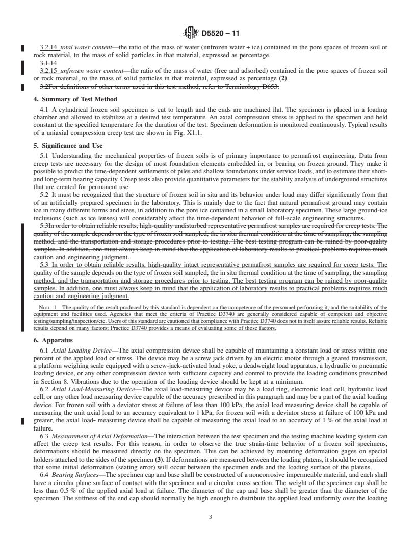 REDLINE ASTM D5520-11 - Standard Test Method for Laboratory Determination of Creep Properties of Frozen Soil Samples by Uniaxial Compression