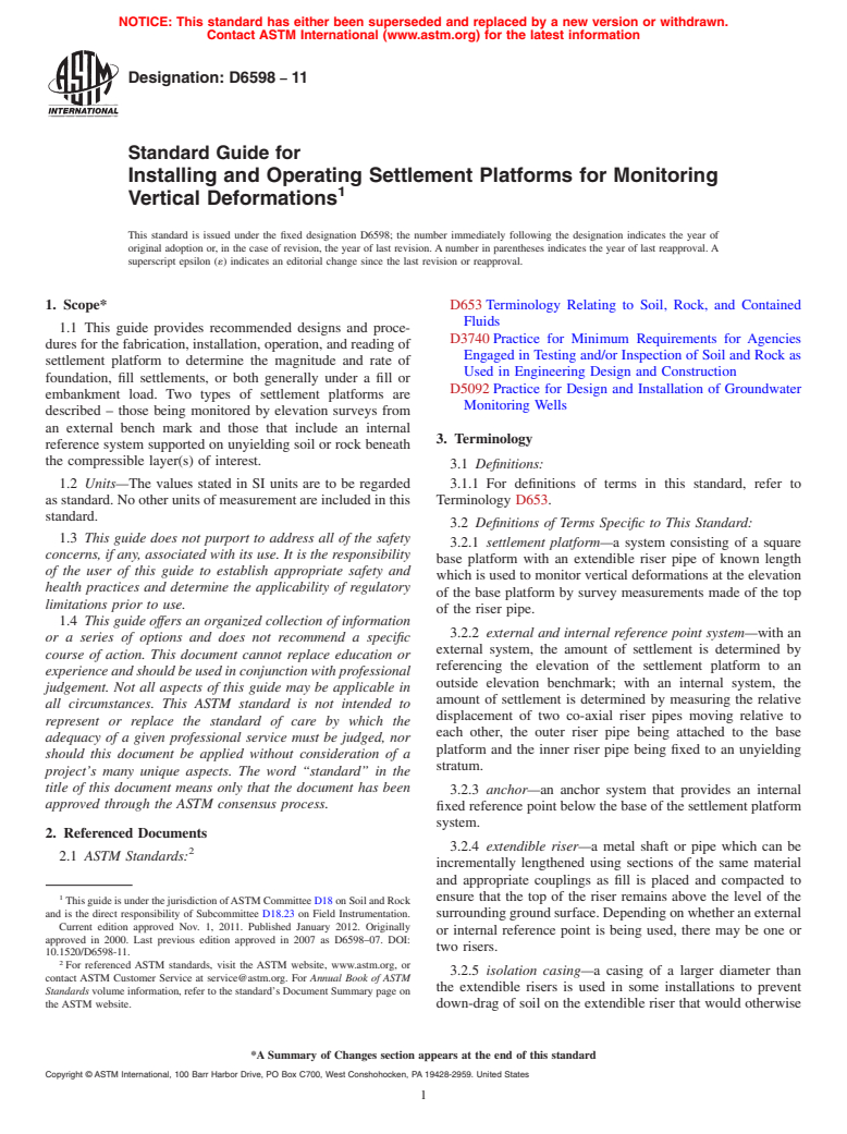 ASTM D6598-11 - Standard Guide for Installing and Operating Settlement ...