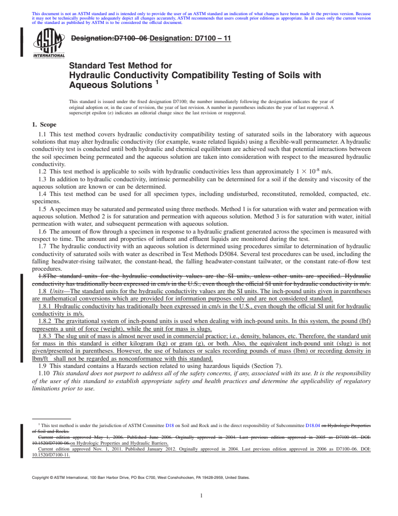 REDLINE ASTM D7100-11 - Standard Test Method for Hydraulic Conductivity Compatibility Testing of Soils with Aqueous Solutions