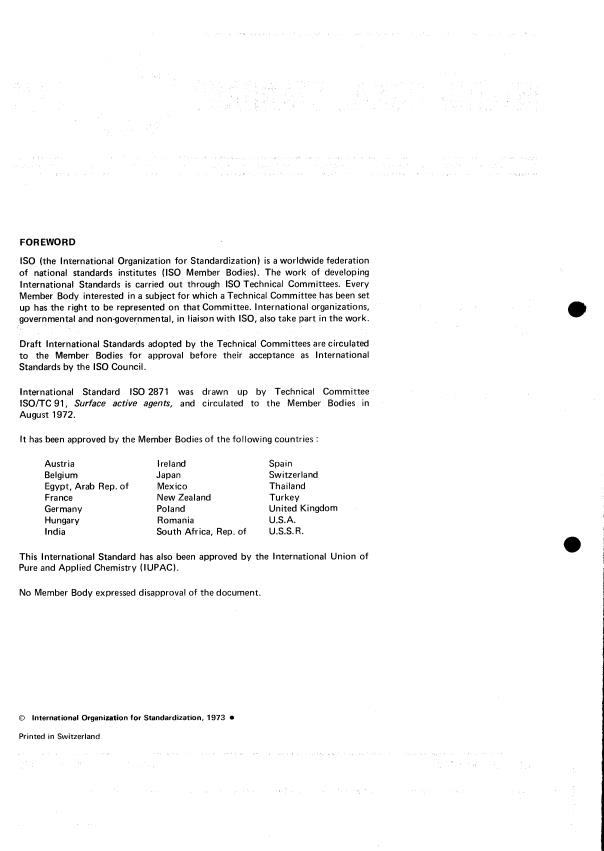 ISO 2871:1973 ISO 2871:1973 - Surface active agents -- Detergents -- Determination of cationic-active matter -- Direct two-phase titration procedure - Page 2 preview
