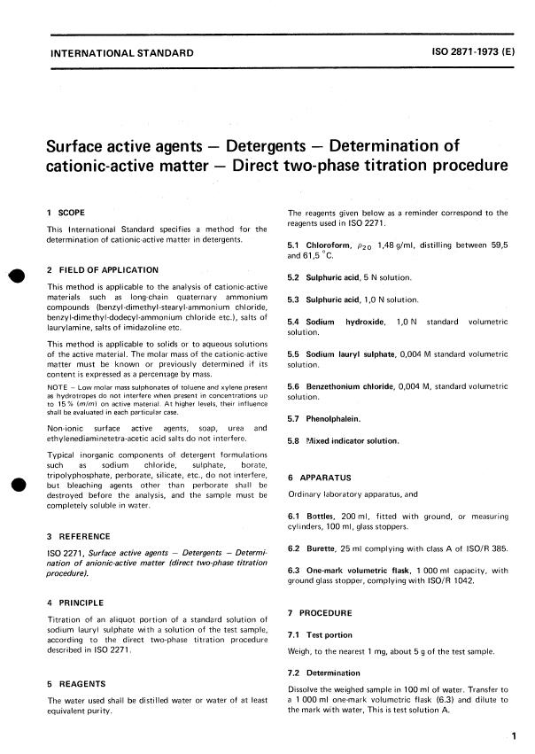 ISO 2871:1973 - Surface active agents -- Detergents -- Determination of cationic-active matter -- Direct two-phase titration procedure