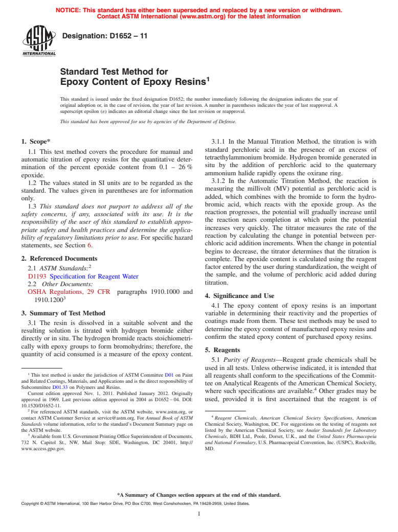 ASTM D1652-11 - Standard Test Method for Epoxy Content of Epoxy Resins