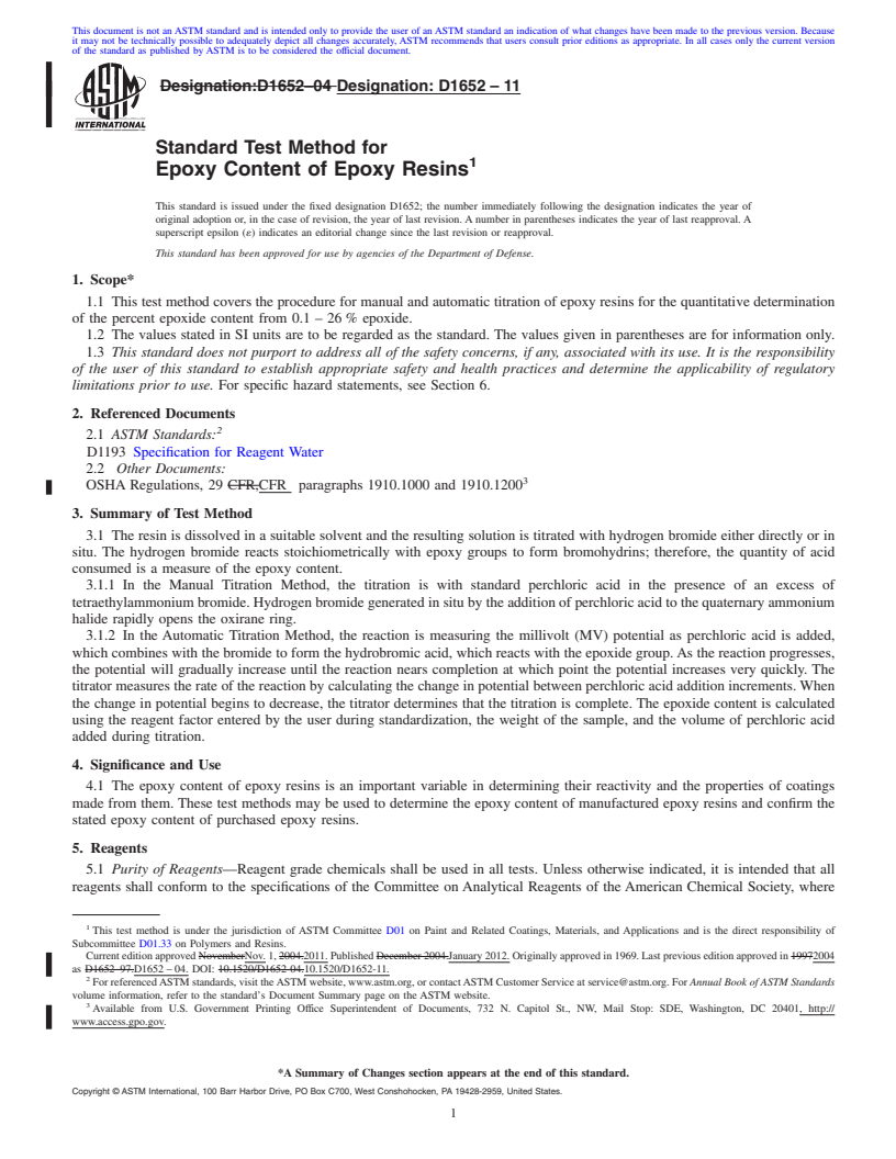 REDLINE ASTM D1652-11 - Standard Test Method for Epoxy Content of Epoxy Resins