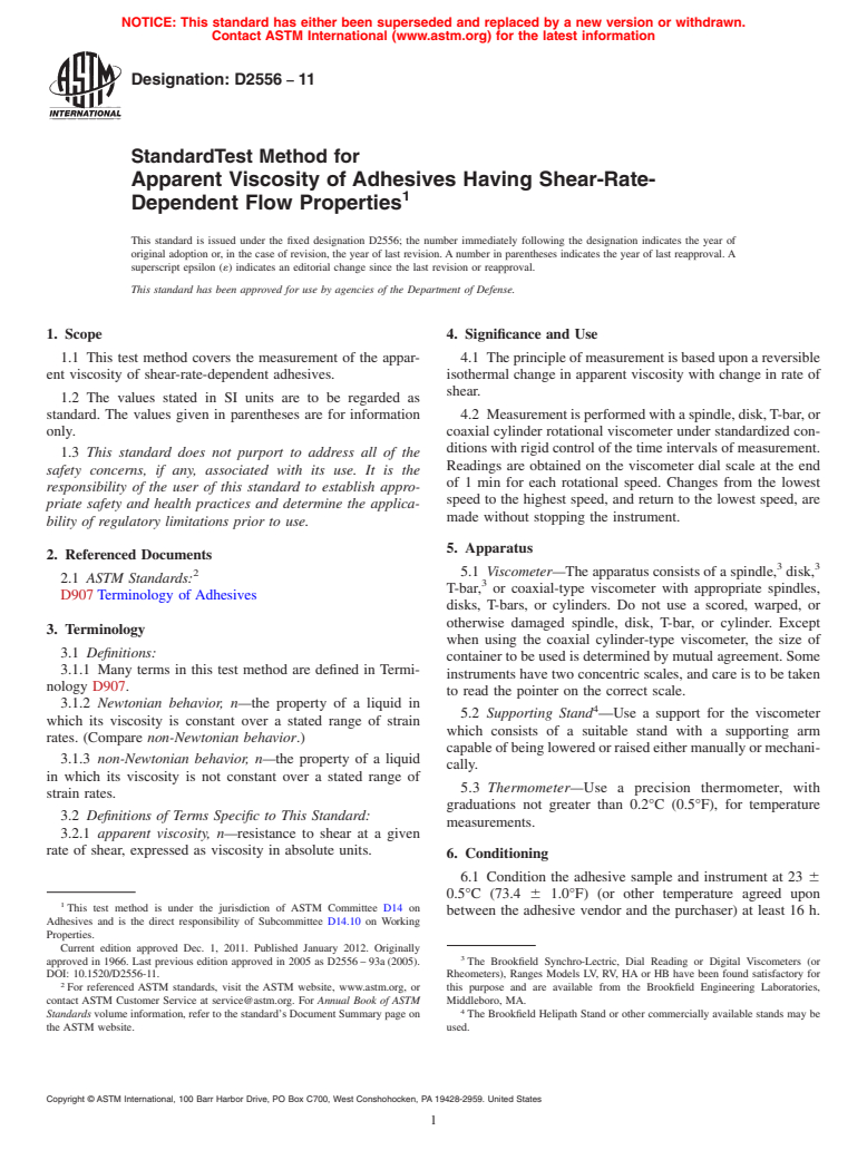 ASTM D2556-11 - Standard Test Method for  Apparent Viscosity of Adhesives Having Shear-Rate-Dependent Flow Properties