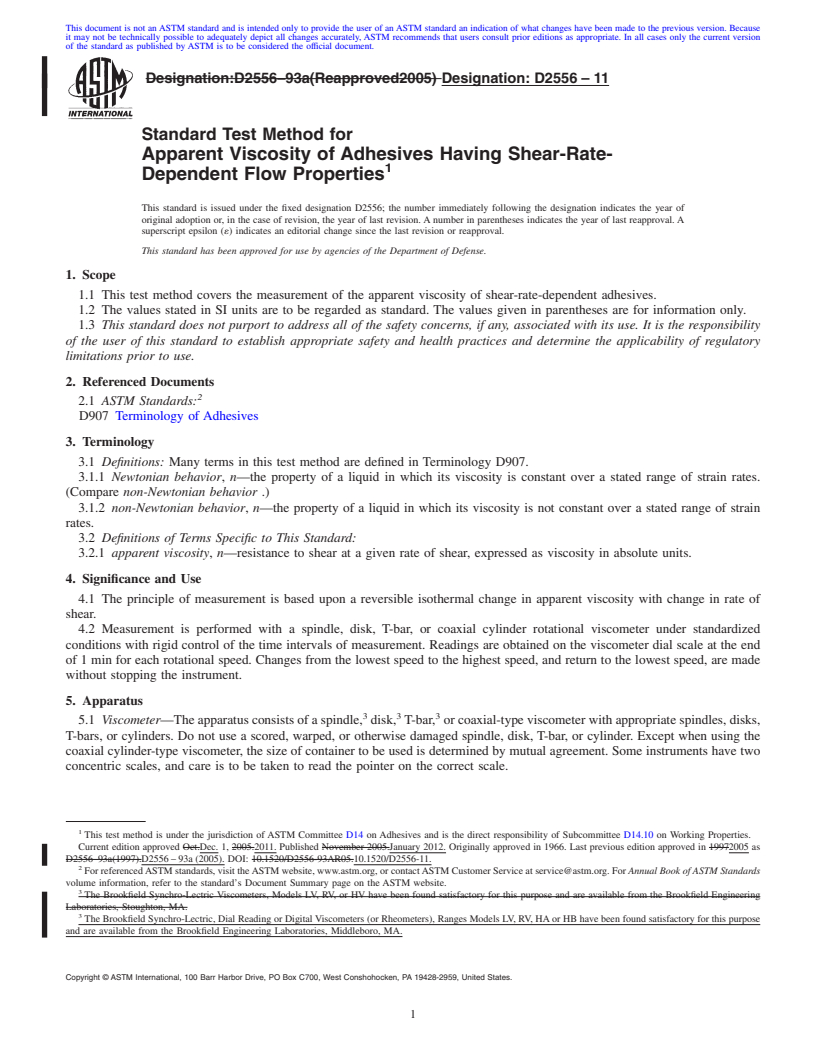 REDLINE ASTM D2556-11 - Standard Test Method for  Apparent Viscosity of Adhesives Having Shear-Rate-Dependent Flow Properties