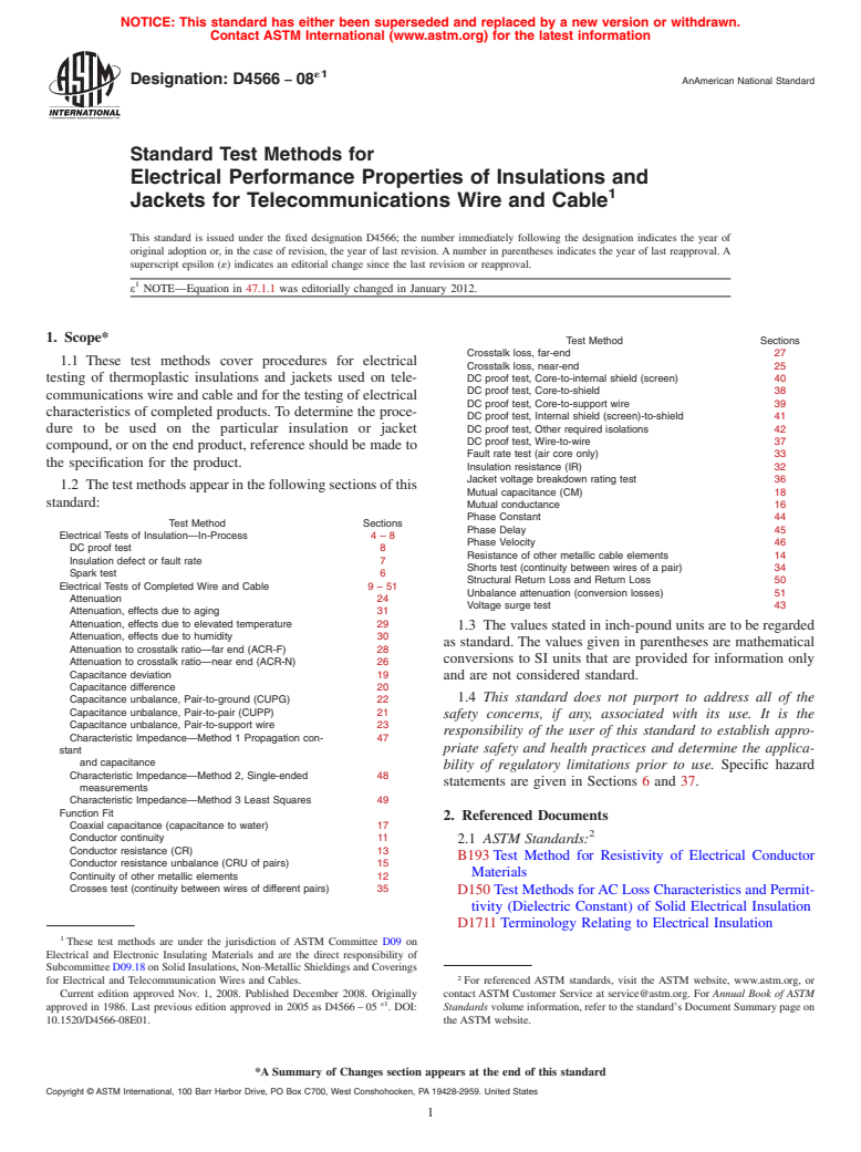 ASTM D4566-08e1 - Standard Test Methods for  Electrical Performance Properties of Insulations and Jackets for Telecommunications Wire and Cable