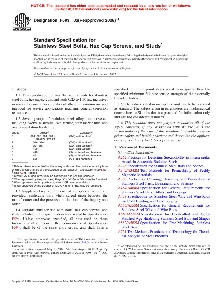 ASTM F593-02(2008)e1 - Standard Specification for  Stainless Steel Bolts, Hex Cap Screws, and Studs