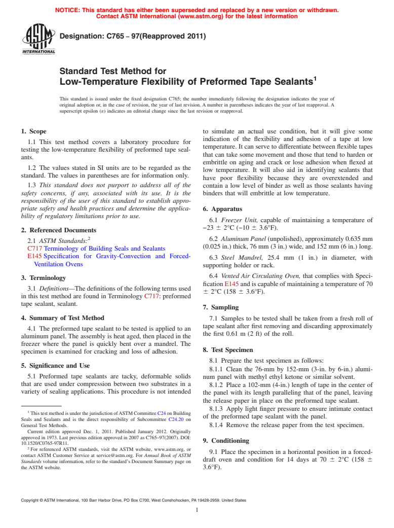 ASTM C765-97(2011) - Standard Test Method for Low-Temperature Flexibility of Preformed Tape Sealants