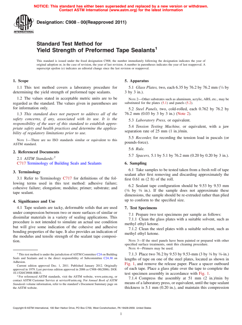 ASTM C908-00(2011) - Standard Test Method for Yield Strength of Preformed Tape Sealants